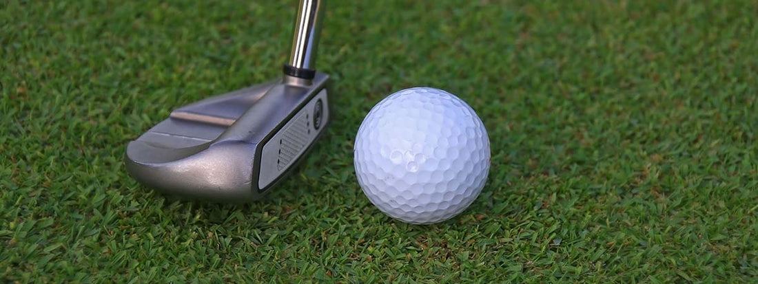 Golf putter and golf ball on grass