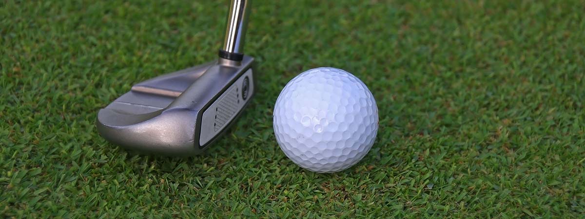 Golf putter and golf ball on grass