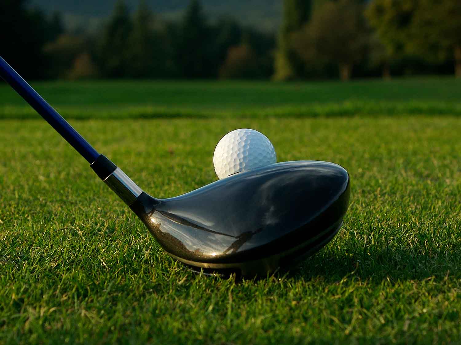 Golf club and ball on a grassy field with trees in the background