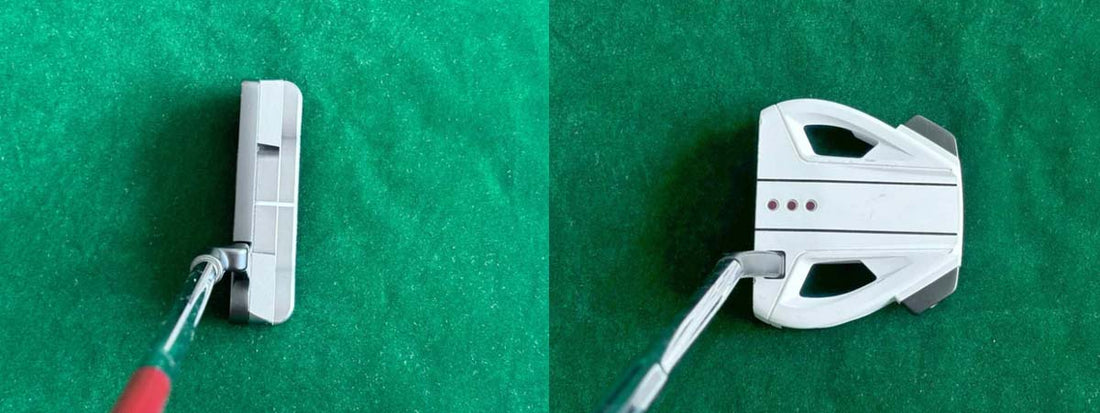 Golf blade putter head compared to a golf mallet putter head